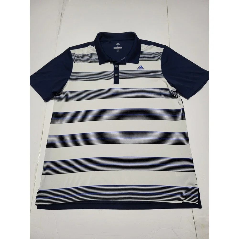(#18) ADIDAS GOLF  Polo Size men's  Large Navy White Striped Short Sleeve